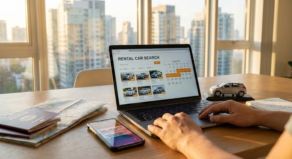 A traveler at a sunlit table uses a laptop displaying vehicle options, illustrating the practical application of car rental advice during trip planning with maps and passports nearby.