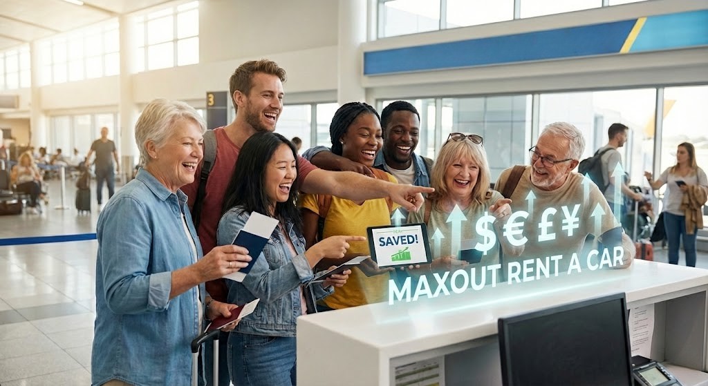 A diverse group of smiling travelers at an airport rental car counter points excitedly toward a tablet and holographic graphics showing travel savings and vehicle upgrades.