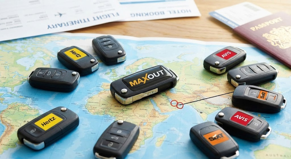 An overhead shot of multiple rental car key fobs, including one labeled MAXOUT, arranged on a world map featuring the UAE alongside a passport and travel itinerary.